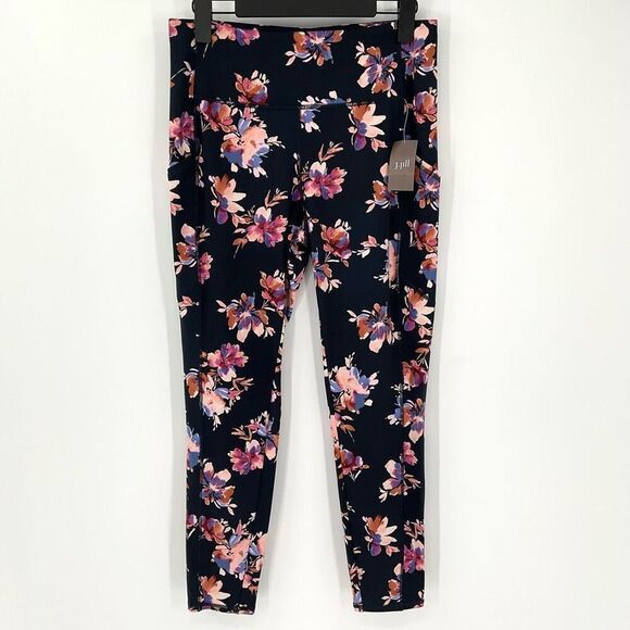 J Jill Fit High Rise Performance Leggings Pockets Floral Navy Blue Women Medium - Picture 1 of 7